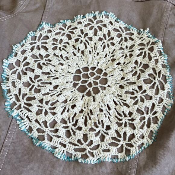 Upcycled Dyed Denim Jacket Tapestry Sleeves Crochet Fringes Doily Boho Western - Picture 13 of 14
